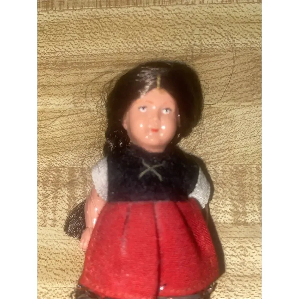 Vintage 1950s Hard Plastic Ethnic German Mini Girl Doll 3.25” Tall